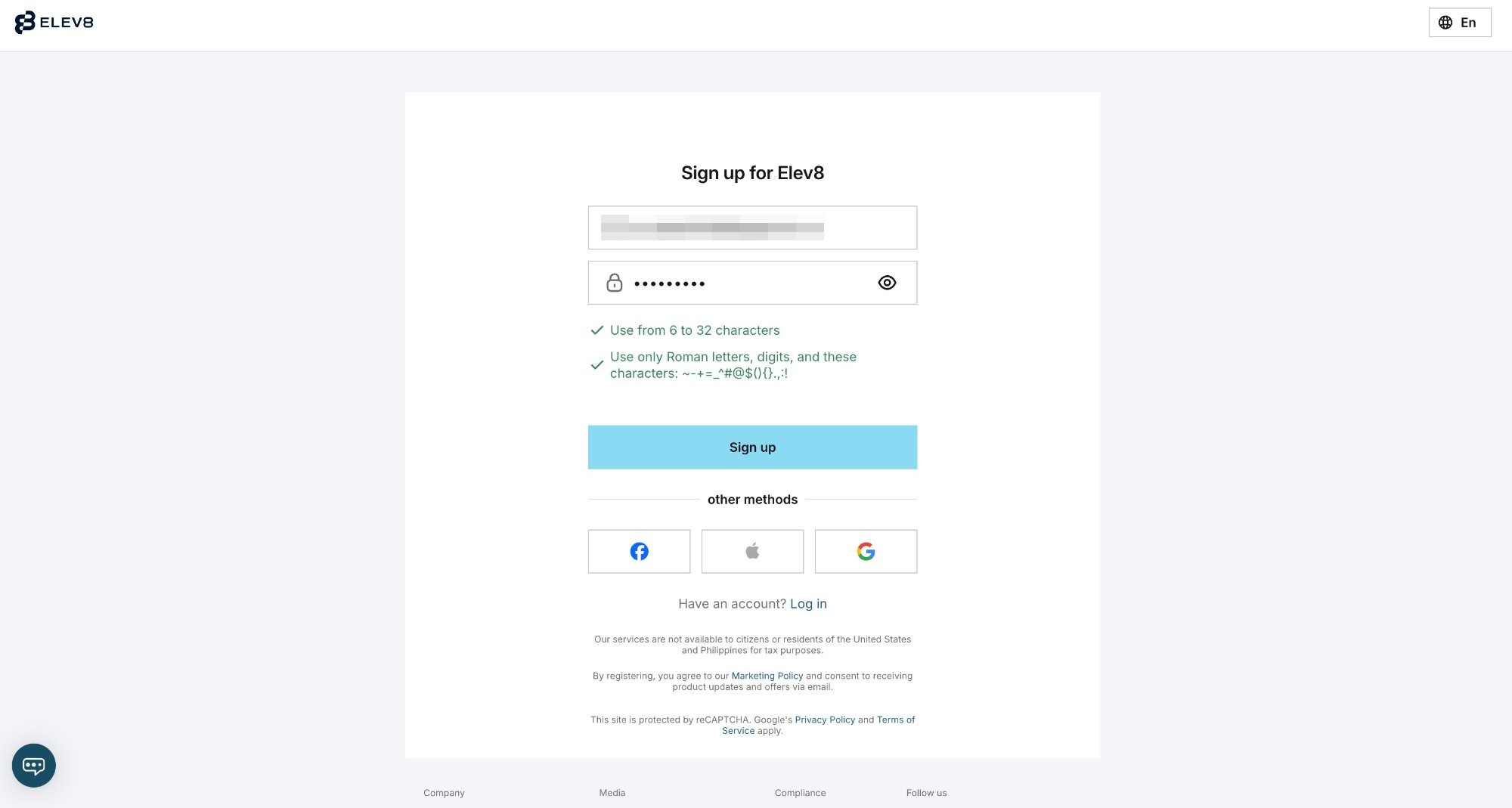 Enter email and password, or use Facebook/Apple/Google to sign up