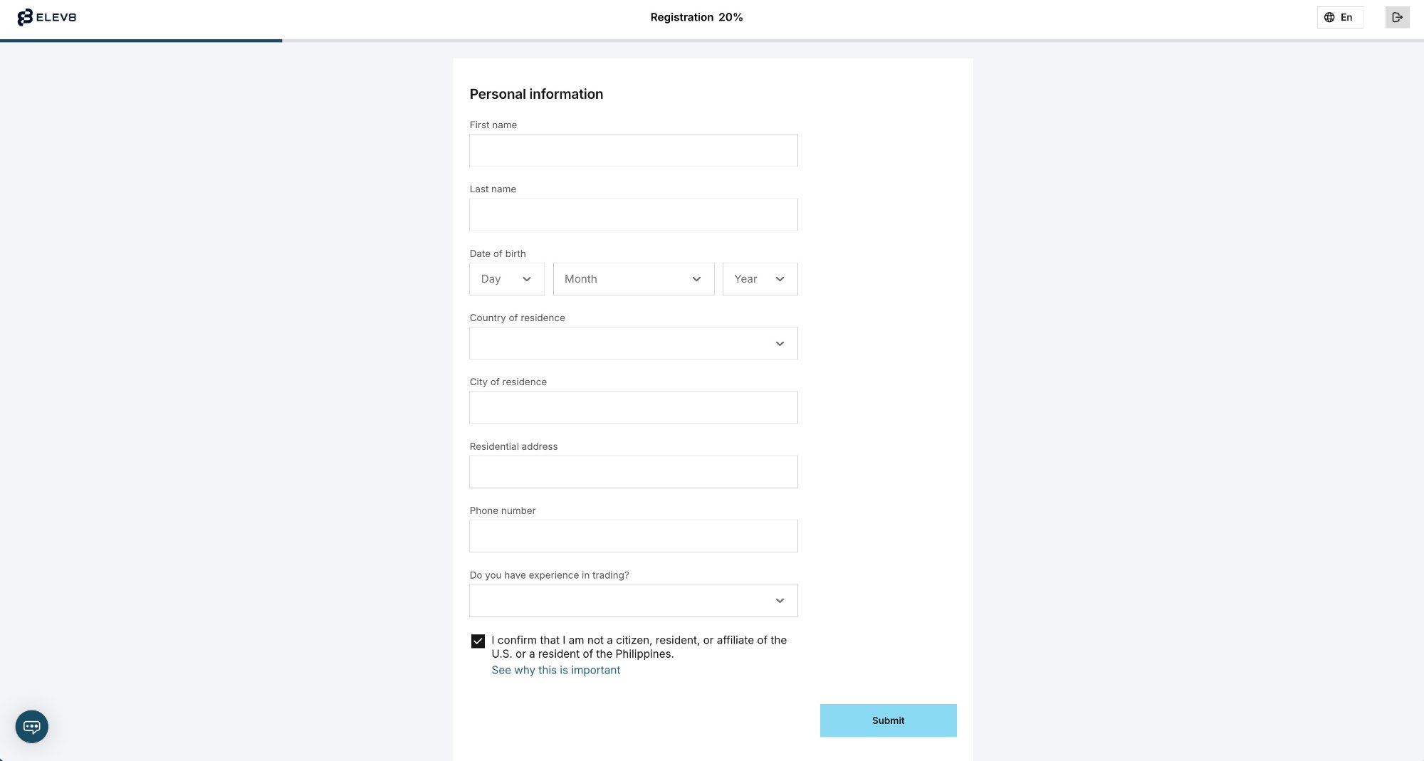 Personal information form — name, date of birth, country, phone (Registration 20%)