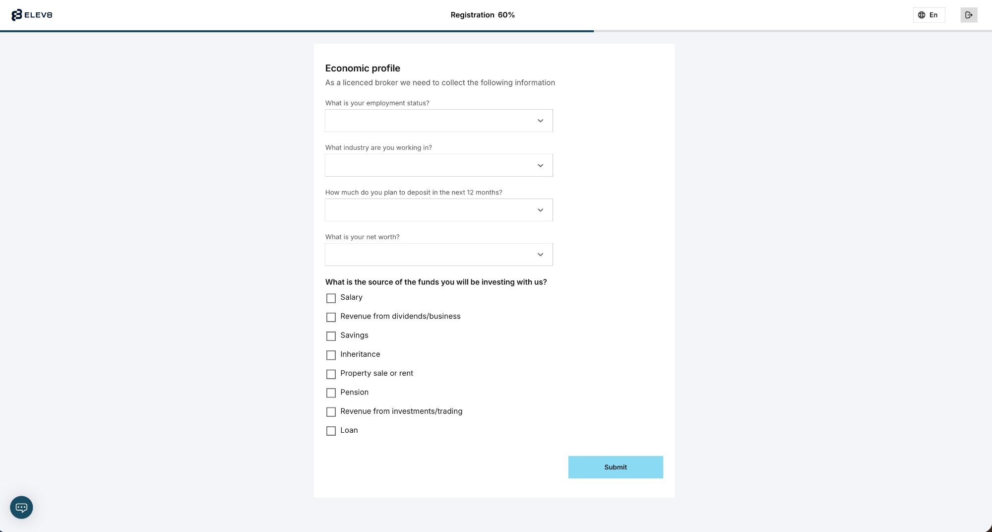 Economic profile — employment, deposit plans, source of funds (Registration 60%)