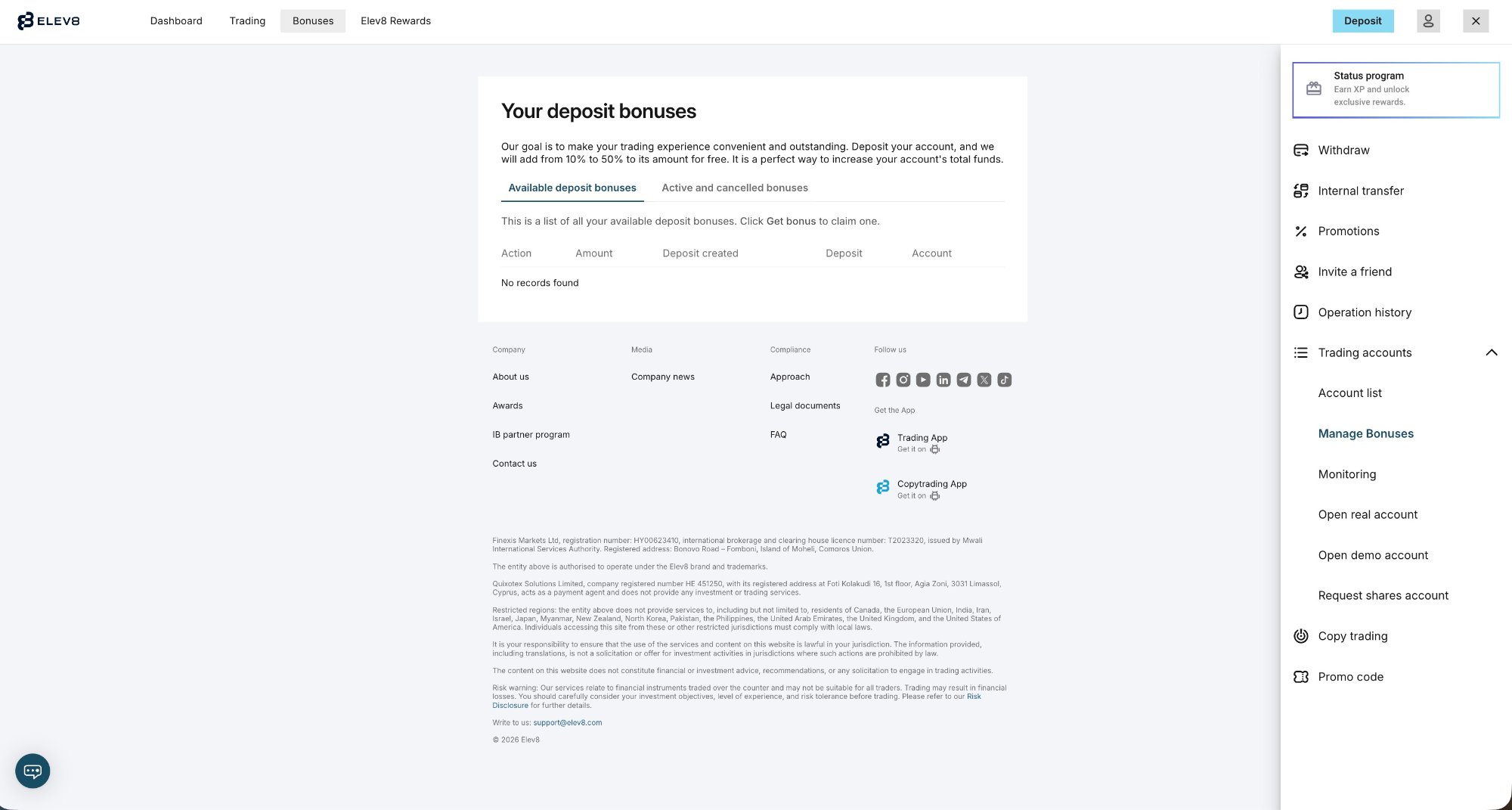 Deposit bonus management page — 10% to 50% bonus